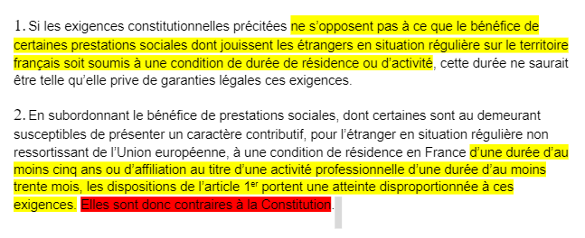Cedsimon's tweet photo. Le Conseil Constitutionnel retoque, sur le fond cette fois-ci, la proposition d'une durée minimale de résidence de cinq ans en France pour l'accès des étrangers hors-UE à des prestations sociales quand ils ne travaillent pas (et 30 mois pour les autres). https://t.co/zwOyCXgKgQ https://t.co/NV4B9uyA5D
