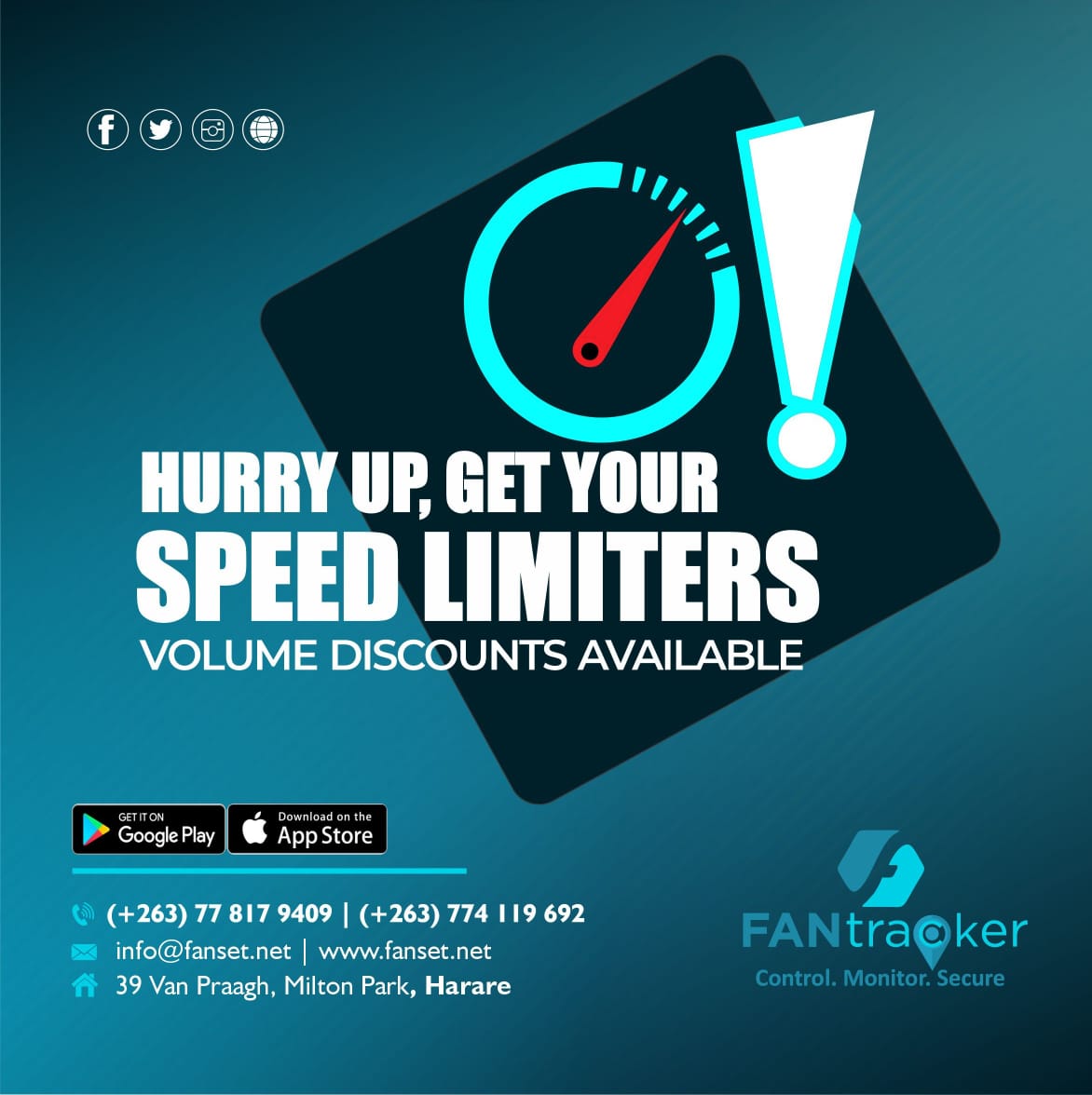 FANTRACKER SPEED LIMITER ON PROMOTION! Unlock Massive Volume Discounts for Uncompromising Safety and Efficiency! Install SAZ Approved Speed Limiters and Vehicle Tracking with FANtracker Contact us on : +263778179409/ 0774119692 #FANtracker #FuelMonitoring #Vehicletracking