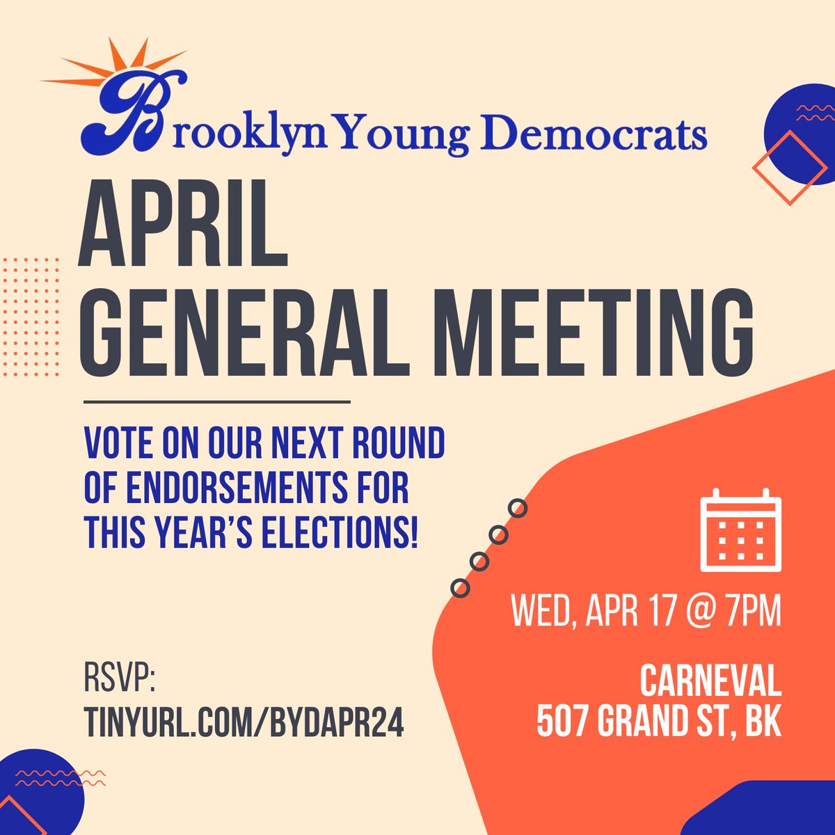 Join us in Williamsburg on Wednesday for our next general meeting! We'll be voting on our next round of endorsements in this year's crucial election season. Meet us at Carneval at 7pm to hear from candidates running to represent our communities! RSVP: tinyurl.com/BYDApr24