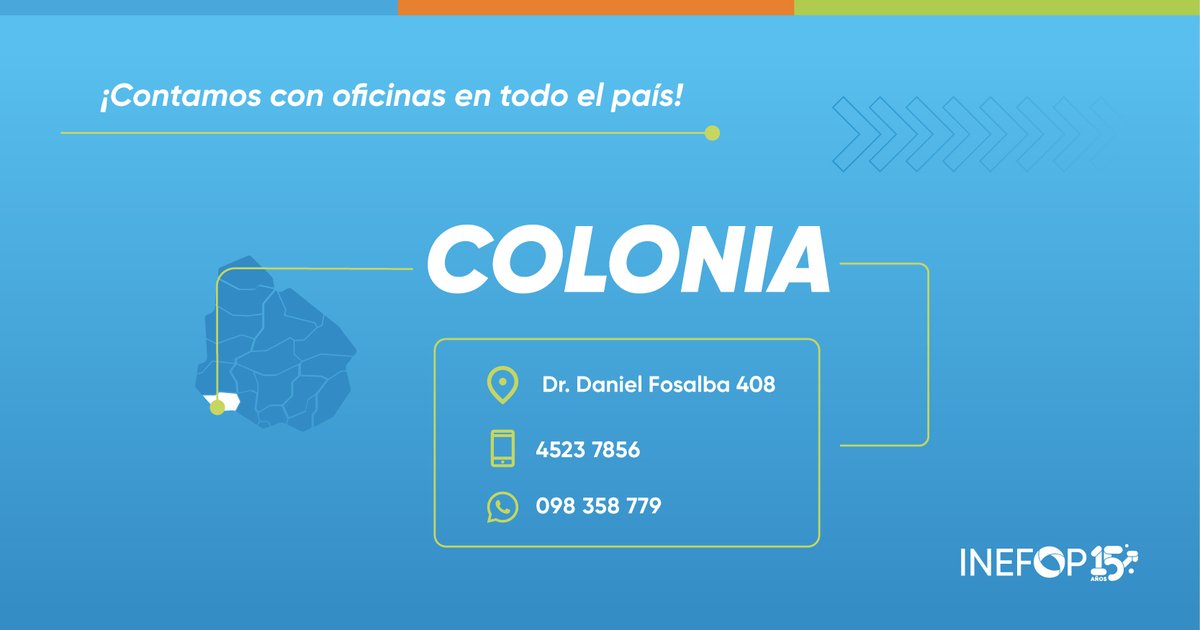 #UnSoloINEFOP 👉 ¡Visitá nuestra oficina en #Colonia o contactanos a través del 098 358 779 😉!. Contamos con 20 centros de atención en todo el país para brindar atención y asesoramiento sobre los programas y las herramientas que ofrecemos en #INEFOP para mejorar la…