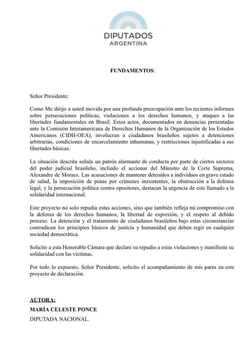 En el día de ayer presenté un proyecto de declaración para repudiar la persecución política acontecida en Brasil. La libertad es un derecho natural y fundamental de cada persona. Extiendo mi solidaridad con los hermanos brasileños. 🇦🇷🇧🇷