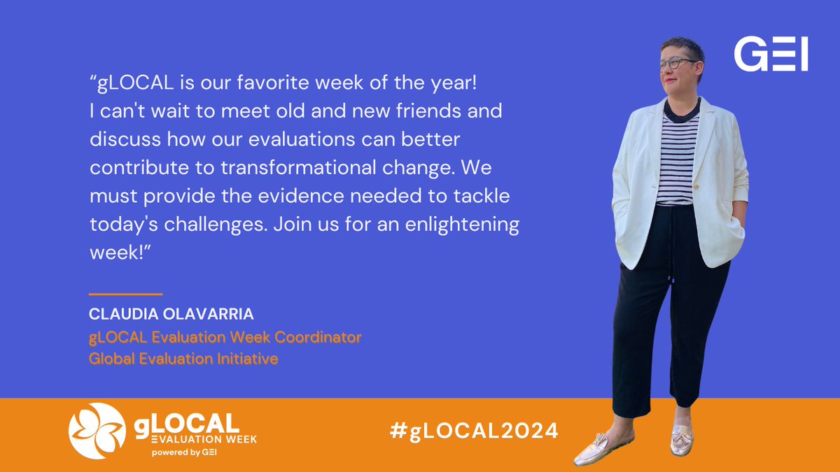 Global Evaluation Initiative (@gei_globaleval) on Twitter photo 👋 Say hello to <a href="/ClauOlavarria/">Claudia Olavarría</a>, coordinator of the gLOCAL Evaluation Week.🙌 Let her tell you what gets her so excited about #gLOCAL & why it's our favorite week of the year.🥰
Discover the experience! Join #gLOCAL2024: glocalevalweek.org 👋 Say hello to <a href="/ClauOlavarria/">Claudia Olavarría</a>, coordinator of the gLOCAL Evaluation Week.🙌 Let her tell you what gets her so excited about #gLOCAL & why it's our favorite week of the year.🥰
Discover the experience! Join #gLOCAL2024: glocalevalweek.org