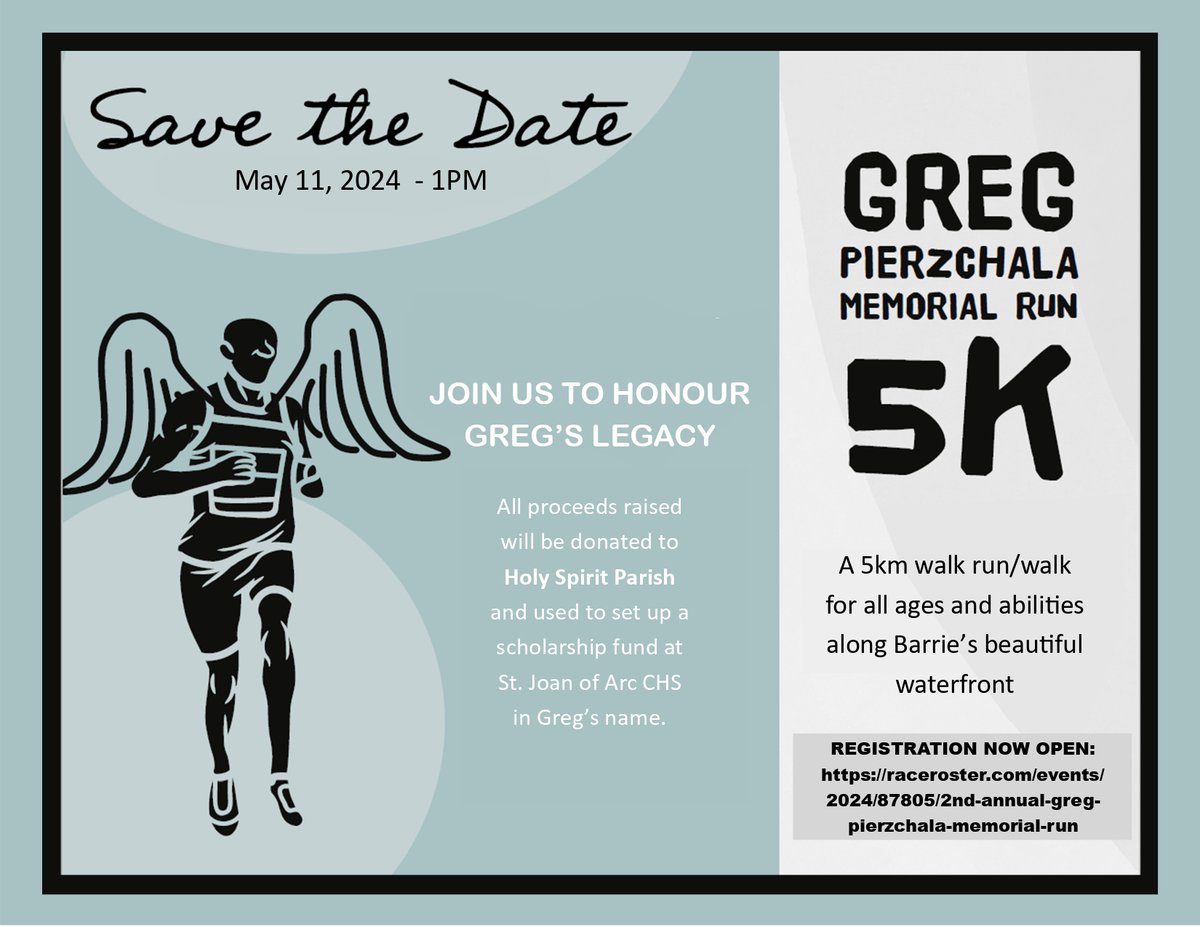 Join us to honour Greg Pierzchala's Legacy on May 11 at 1pm for the 5K Memorial Run/Walk for all ages and abilities along Barrie's beautiful waterfront. Registration is now open: raceroster.com/events/2024/87…