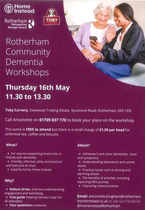 Do you have a loved one or friend with dementia? Book your place on the Rotherham community dementia workshop on 16th May 11.30-13.30 by calling 01709 837170 #dementia #Homeinsteaduk