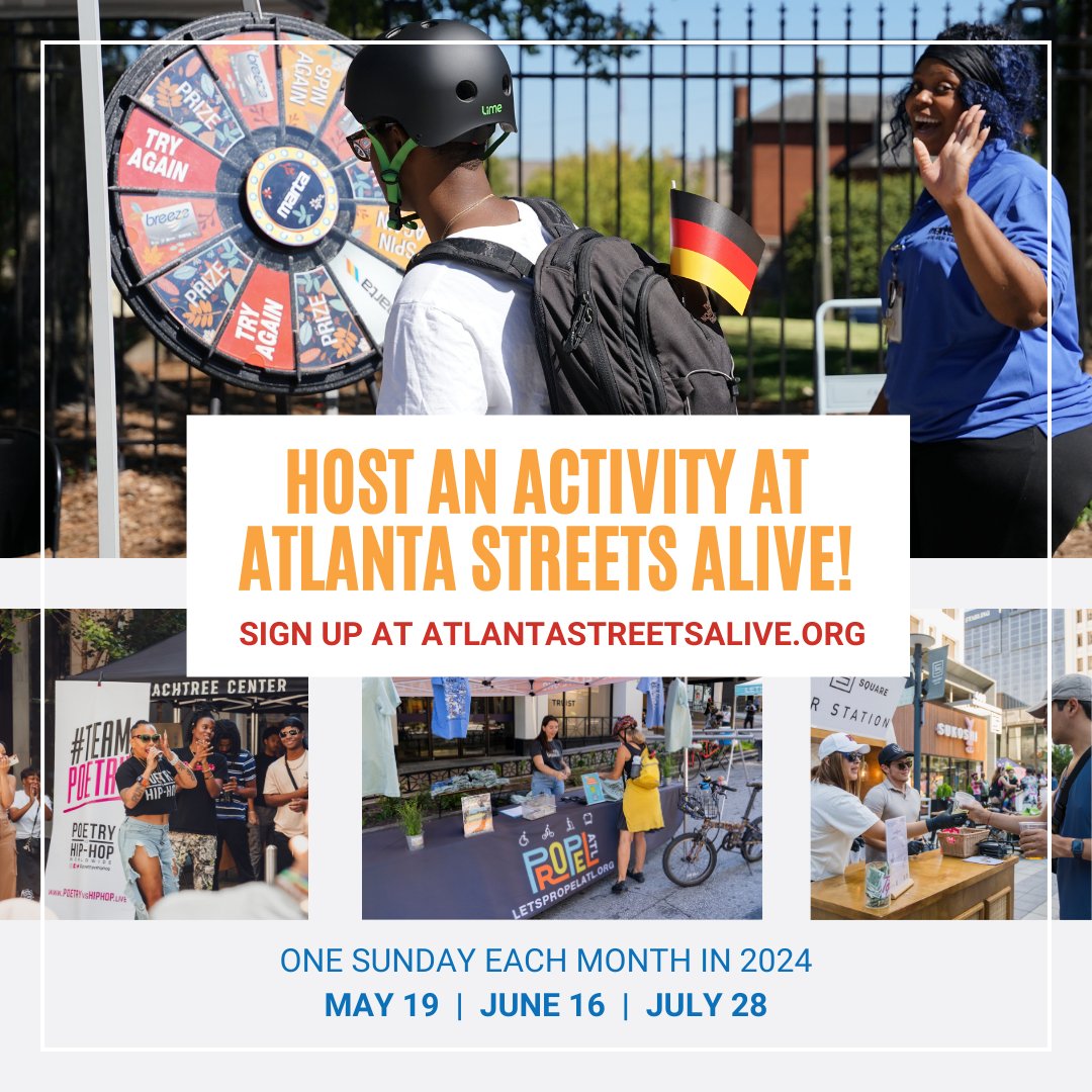 Atlanta Streets Alive presents an excellent opportunity for your business, agency, or organization to engage with the community! Learn how you can host an activity at Atlanta Streets Alive at atlantastreetsalive.org. #MovingAtlantaForward #AtlantaStreetsAlive