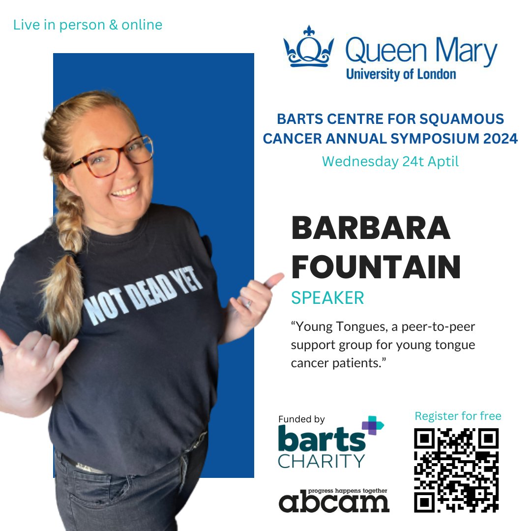 BarbVFountain's tweet photo. Excited to be part of the prestigious "Barts Centre for Squamous Cancer annual symposium 2024" Registration is free and open now at https://t.co/m9feIMtjPZ. See you there! @QMUL @YoungTongues_ @QMULBartsTHeLon @NHSBartsHealth @barts_Charity @abcam #BCSCSymposium2024 #SquamousCell https://t.co/BpuVdAw2re