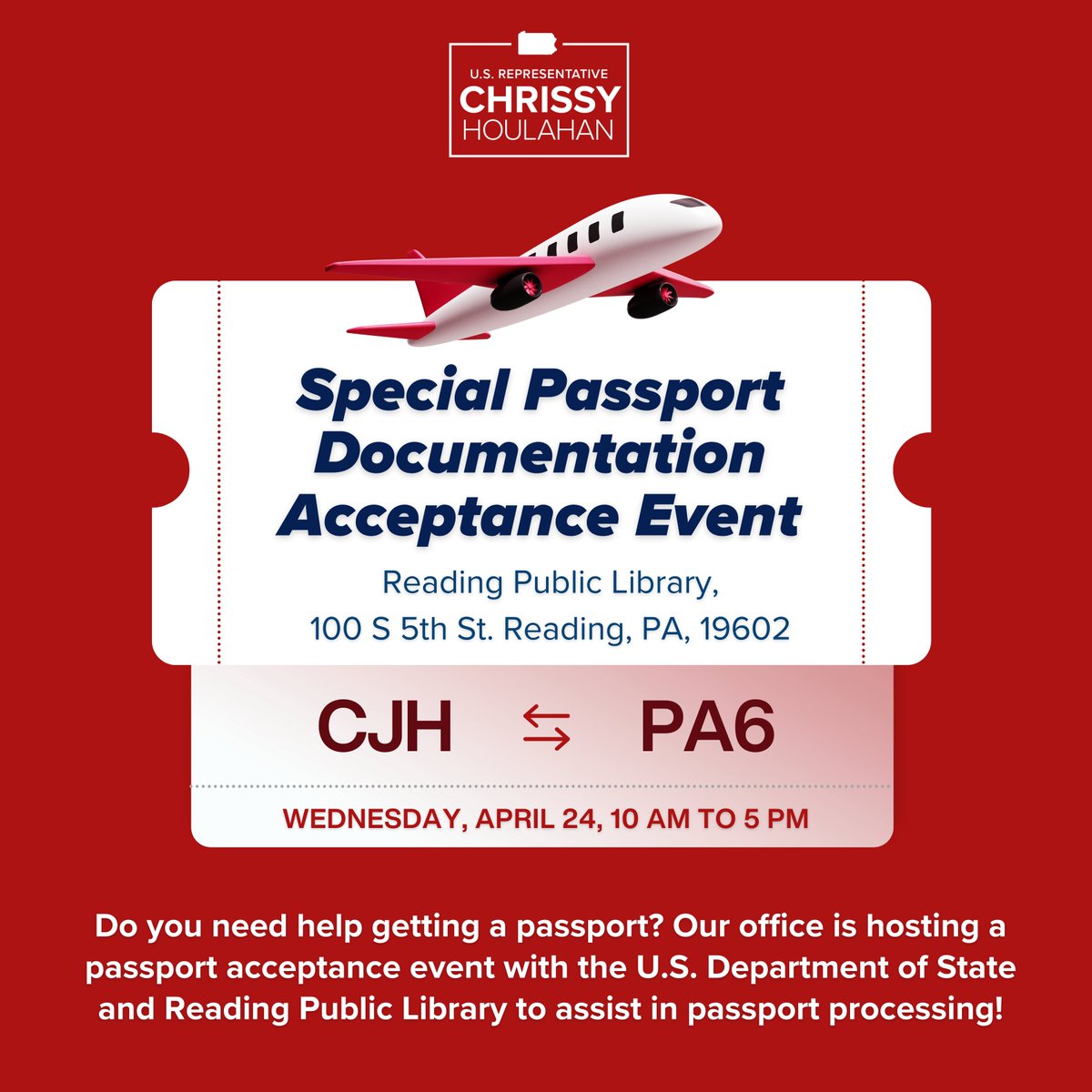 Do you need assistance in getting your passport processed? My office is hosting a passport documentation acceptance event with the @StateDept and the Reading Public Library on Wednesday, April 24. The event will run from 10 a.m. to 5 p.m. RSVP at houlahan.house.gov/forms/form/?ID…
