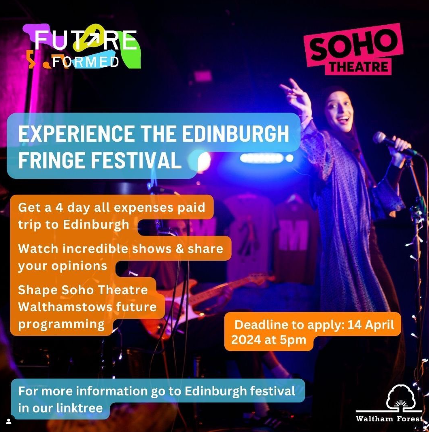 Soho Theatre (@sohotheatre) on Twitter photo Calling all #WalthamForest comedy and theatre lovers - fancy coming with us to <a href="/edfringe/">Edinburgh Festival Fringe</a>? β¨
Together with <a href="/wfcouncil/">Waltham Forest Council</a> we're offering an all expenses paid trip to the Festival this August, plus a full bursary for a term on our Labs
More info below π§΅π
walthamforestjobs.org/creative-core/β¦ Calling all #WalthamForest comedy and theatre lovers - fancy coming with us to <a href="/edfringe/">Edinburgh Festival Fringe</a>? β¨
Together with <a href="/wfcouncil/">Waltham Forest Council</a> we're offering an all expenses paid trip to the Festival this August, plus a full bursary for a term on our Labs
More info below π§΅π
walthamforestjobs.org/creative-core/β¦