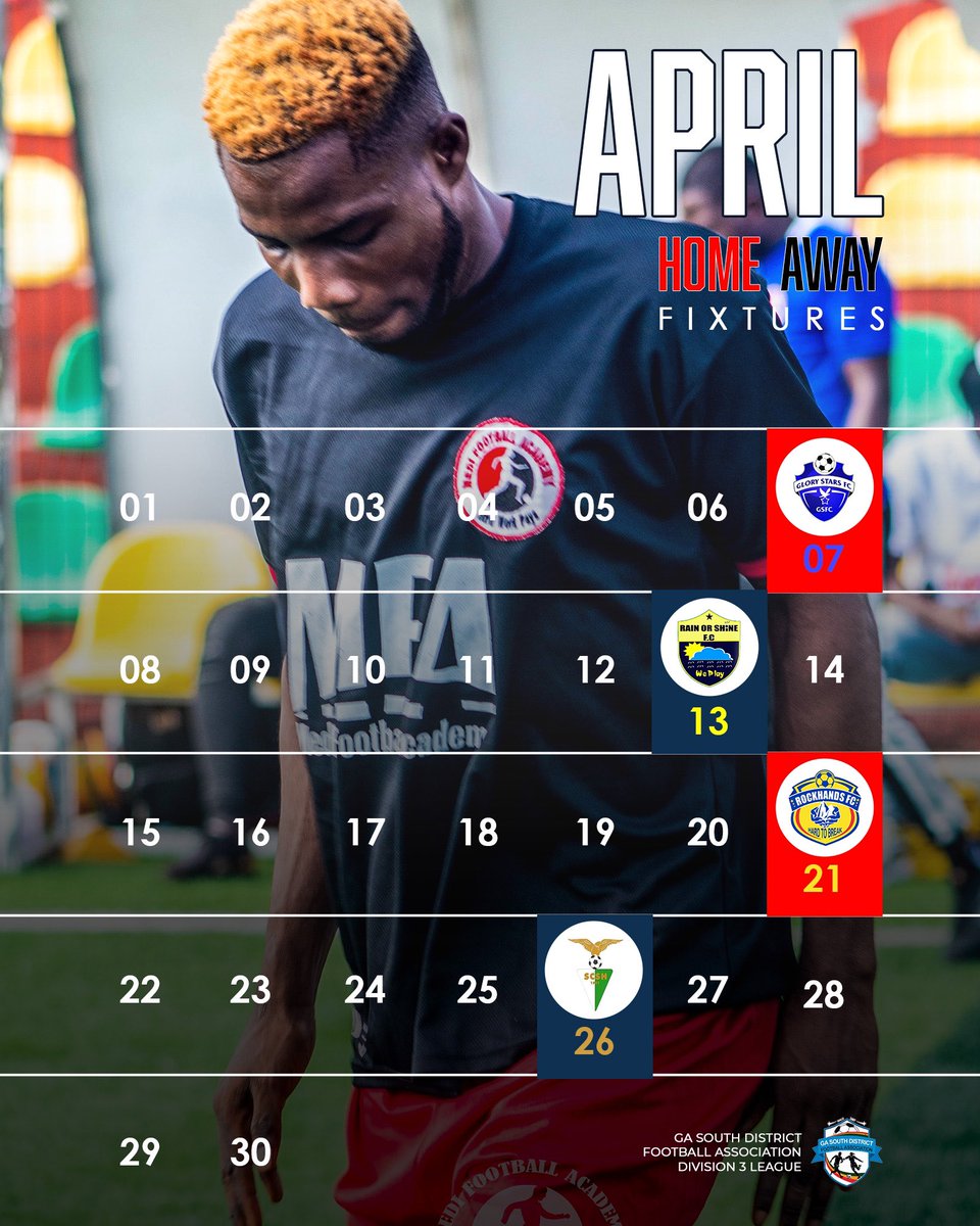 📆 APRIL, Home & Away Match Fixtures… ❤️🤍🖤
. 
#medifootballacademy #BringBackTheLove #football #ghana #youngtalent #gbawe #prideofgbawe #madeingbawe #matchday #african #league