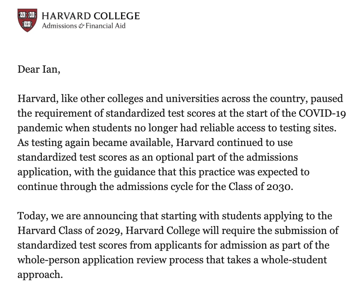 Harvard is announcing requiring SAT/ACT going forward
