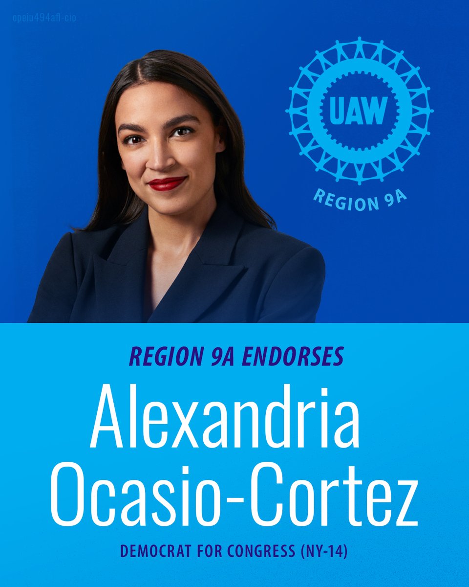 Alexandria Ocasio-Cortez embodies what it means to be a @UAW champion legislator. She's been on the picket line with us during the Stand Up Strike, with L259 in fight against EmPower Solar, & side-by-side with us for a ceasefire. Today, we're proud to endorse @AOC for Congress!