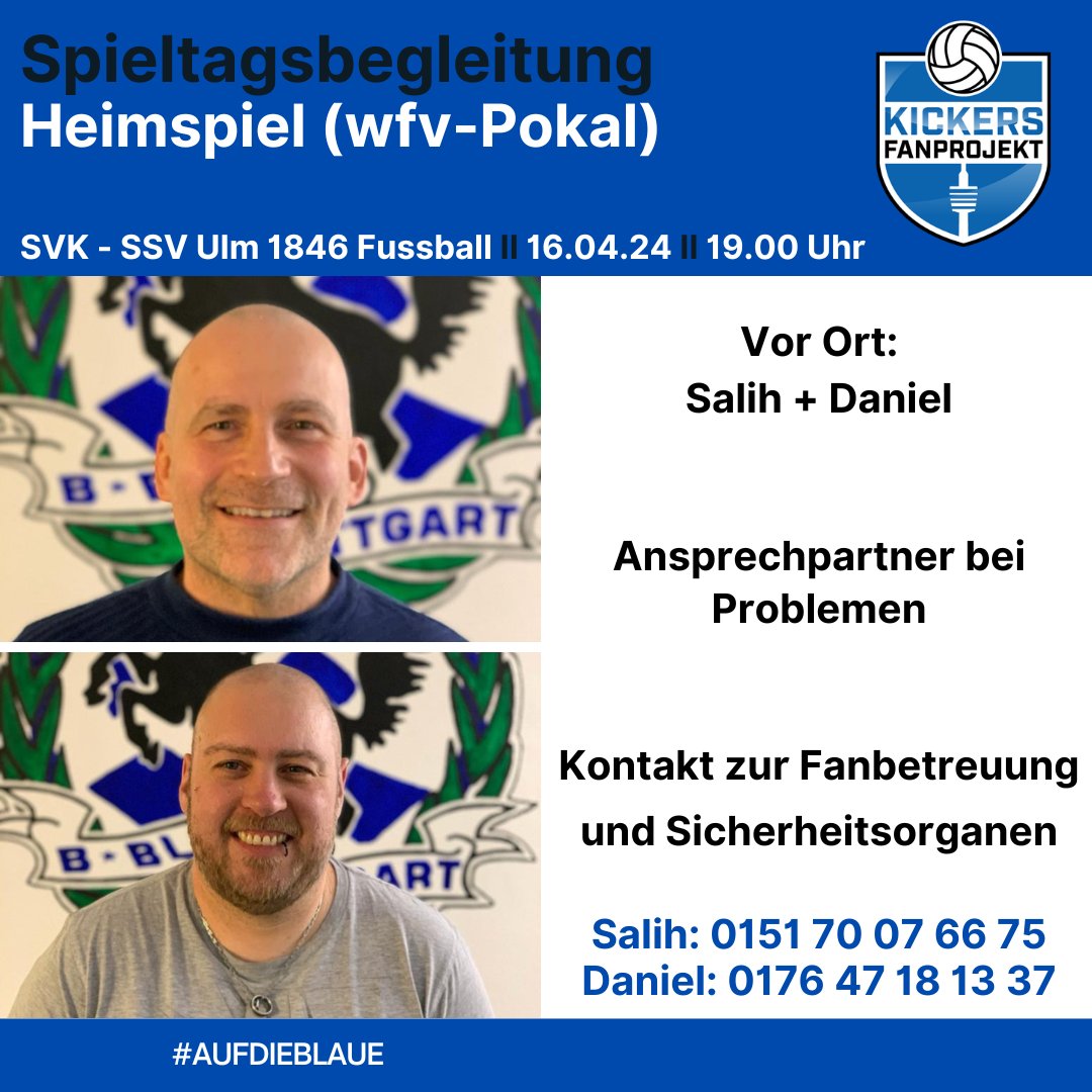 +++ Heimspiel (wfv-Pokal) am Dienstag, 16.04.2024, um 19 Uhr gegen SSV Ulm +++

Alle Infos unter:
t1p.de/0ri0i

#aufdieblaue #heimspiel #sozialearbeitmitfußballfans #kickersfanprojekt