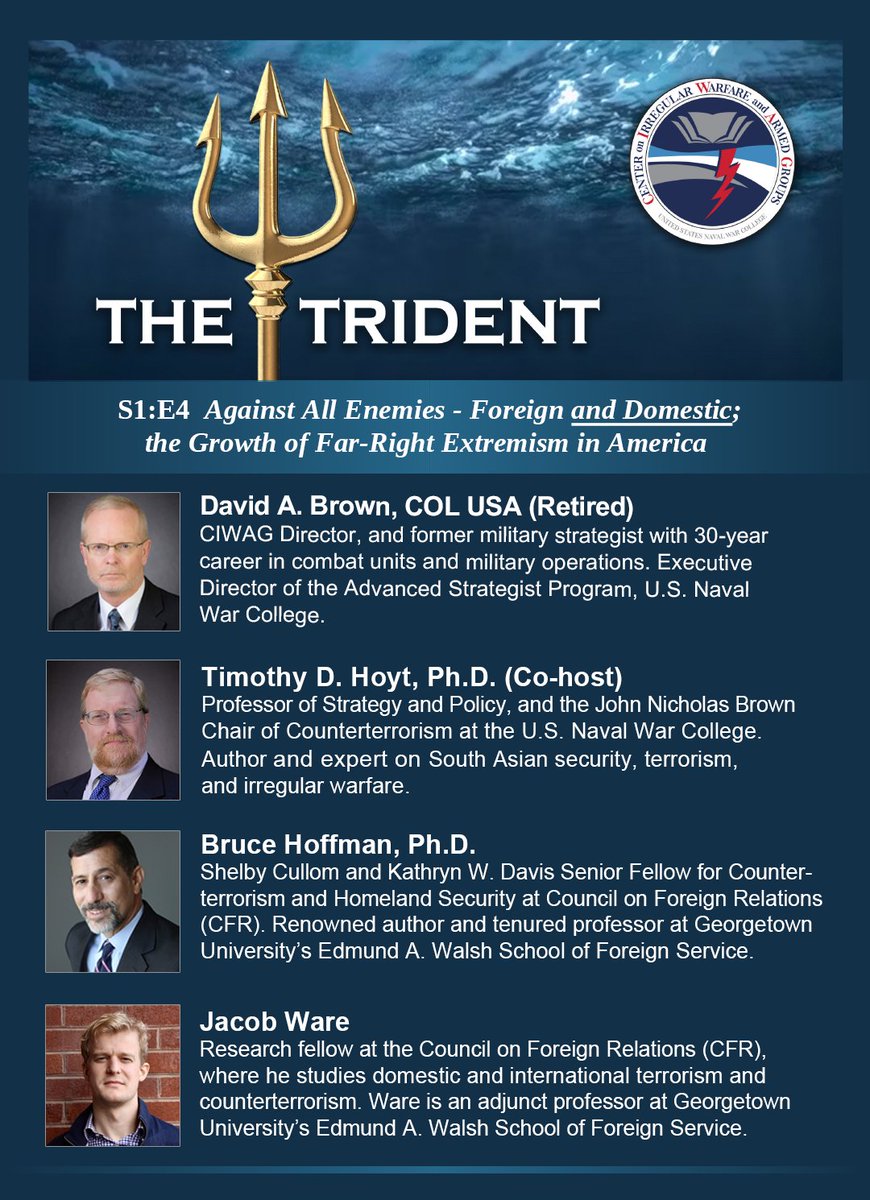 ICYMI: Episode4️⃣of The Trident is live! Tune in to our Center on Irregular Warfare & Armed Group’s latest episode “Against All Enemies – Foreign and Domestic; the Growth of Far-Right Extremism in America” here digital-commons.usnwc.edu/the-trident/4/ or find us on your favorite #podcast app!