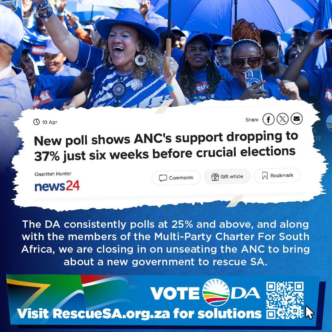 📈 As the ANC falls, the DA's support continues to grow. Along with the members of the Multi-Party Charter For South Africa, the DA is closing in on unseating the ANC to bring about a new government to #RescueSA. Here's why a vote for the DA matters: youtu.be/gLewq8H7__U