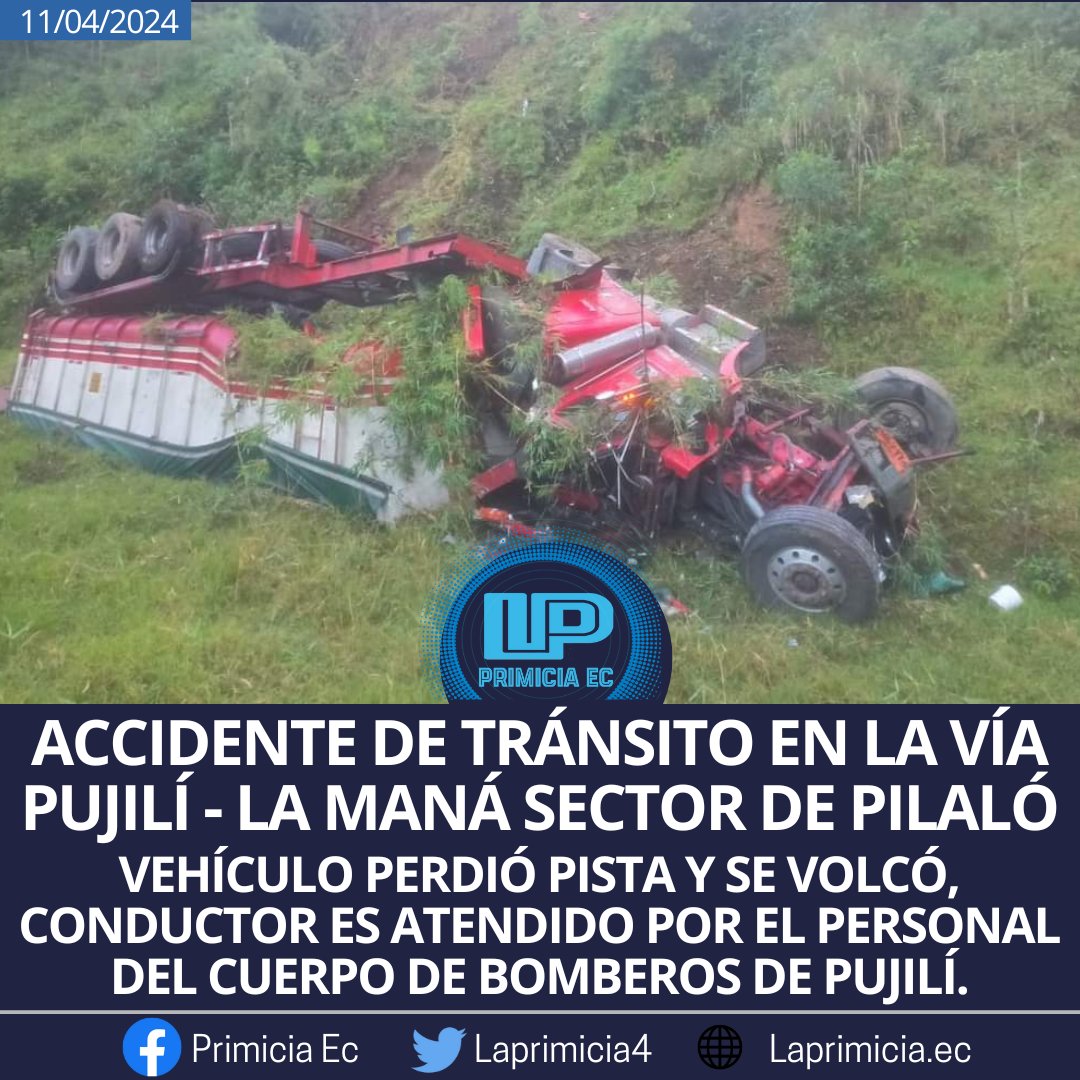 #Precaución 🔴 Accidente de tránsito en la vía Pujilí - La Maná sector de Pilaló en Cotopaxi
Vehículo perdió pista y se volcó, conductor es atendido por el personal del Cuerpo de Bomberos de Pujilí.

#PrimiciaEc  Primicia Ec #Cotopaxi #Pujilí #LaManá #Accidente #Pilaló #Bomberos