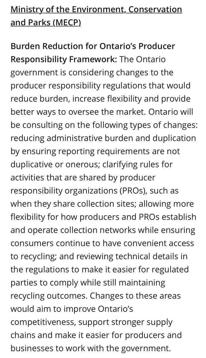 NEW: The Ford government says it is considering some of the very changes the grocery & retail industry want made to Ontario’s blue box recycling regulations. Buried in yesterday’s “Cutting Red Tape to Build More Homes” announcement was this: