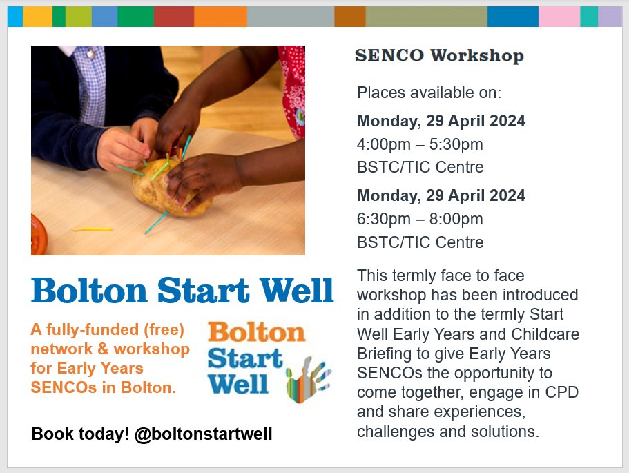 Hear the latest news and updates, network with your colleague, share ideas, challenges and solutions and take part in CPD! Book today: boltonstartwell.org.uk/courses