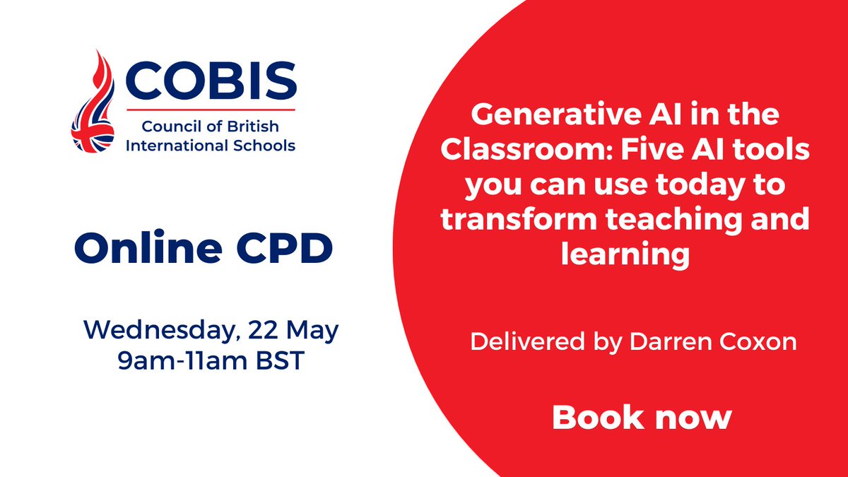 This online CPD course will cover how to get started using GenAI in your own planning and teaching and how to effectively introduce it to your students. Book here: cobis.org.uk/professional-l…