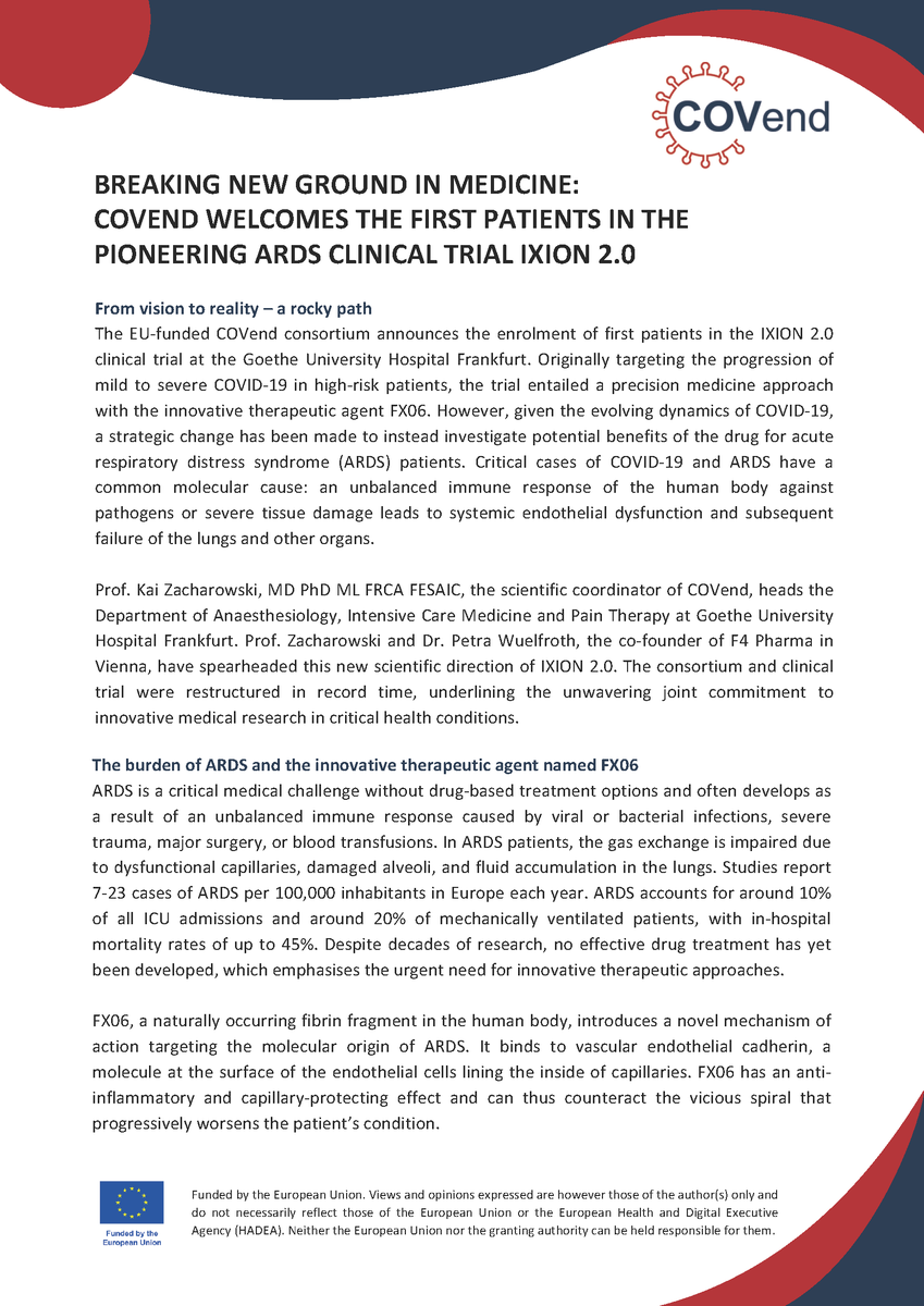 COVend_EU's tweet photo. 📢 Press Release: The #COVend press release announces the start of patient enrollment for the IXION 2.0 clinical study and project’s shift to investigating the potential benefits of the FX06 drug for patients with #ARDS ! Read the full details here📷https://t.co/JuRTAl7Q71 https://t.co/8VVrlQfpfO