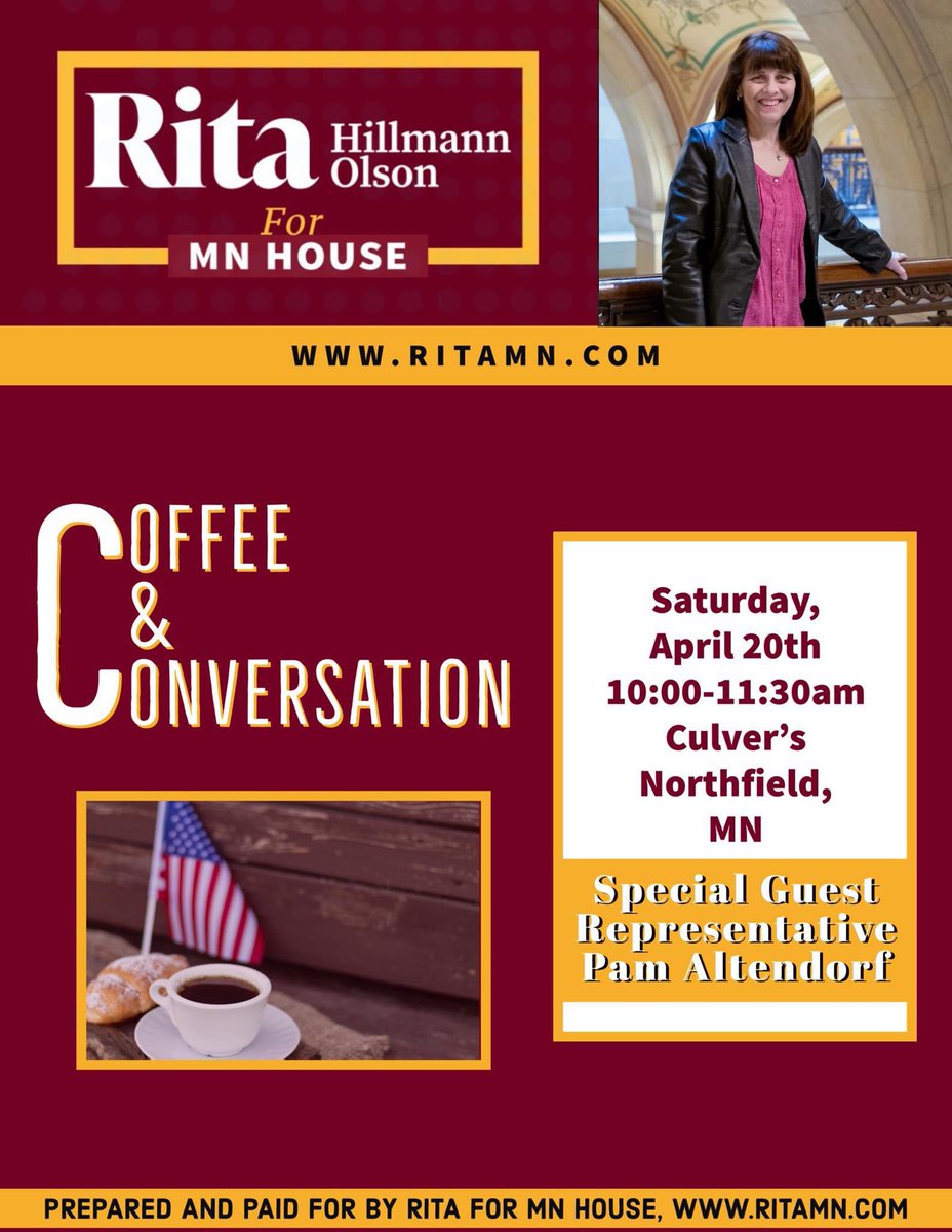 ricecountybpou's tweet photo. SAVE THE DATE
@RitaForMNHouse is having a meet and greet at @culvers in #Northfield MN on April 20th!
Get to know your candidate for state house!
She is running in district 58A (the northern parts of rice county)
Special guest @PamAltendorf https://t.co/Uw0JrGlV7A