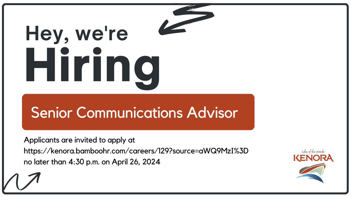 We're hiring a Senior Communications Advisor to join our Corporate Services team.

Qualified candidates must apply by 4:30 p.m. on April 26, 2024.

Learn more at:
kenora.bamboohr.com/careers/129?so…

#CityofKenora #jobalertkenora #workforyourcity #choosekenora #communicationsjobs