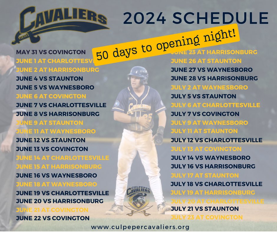50 Days to Opening Night! Our home opener vs. the @LumberjacksVBL is only 50 days away. Get your individual and family season passes at culpepercavaliers.org/ticket-informa… #summercollegiatebaseball