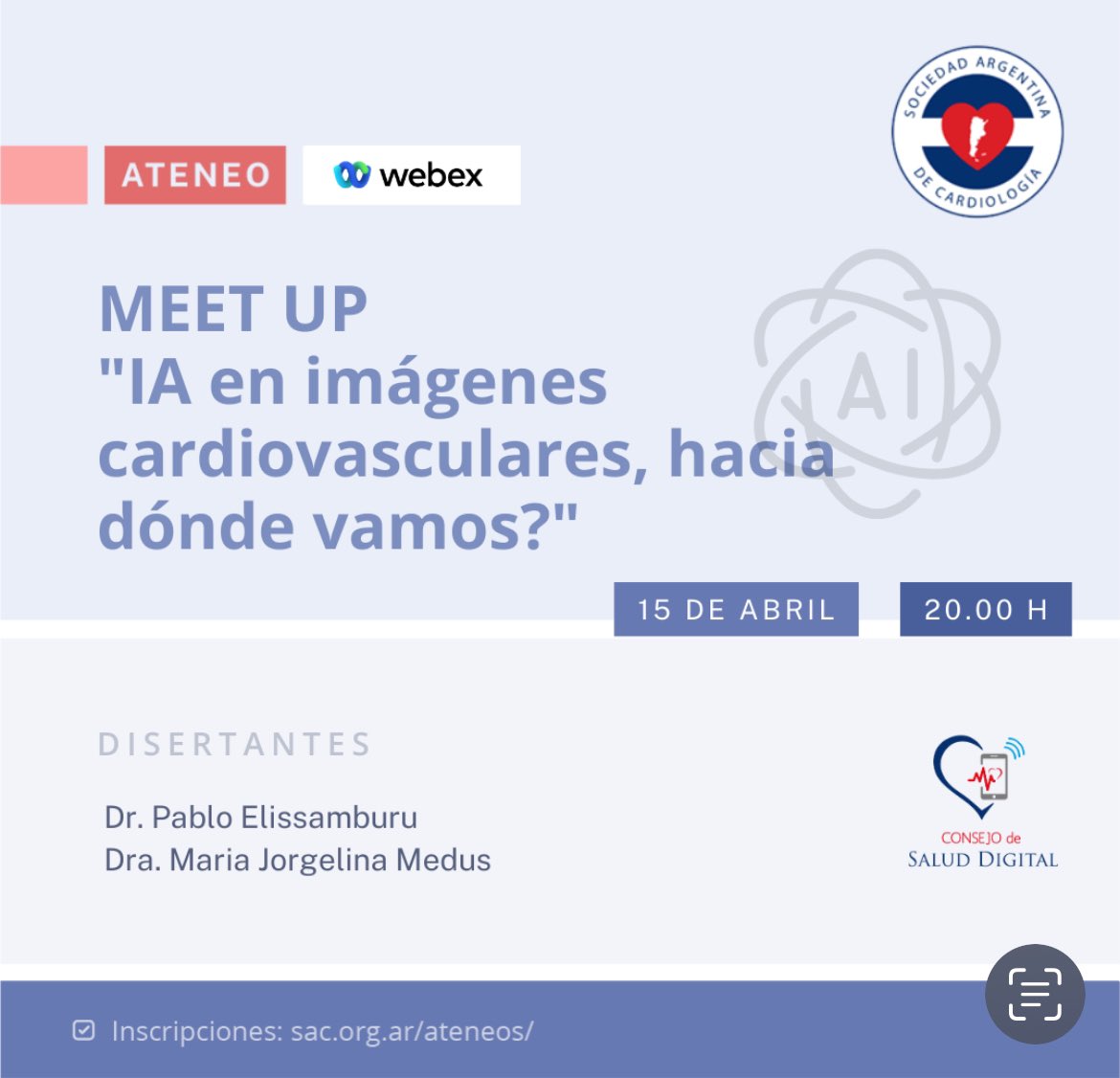 #SavetheDate 💣 SI HAY UN LUGAR DONDE LA #IA ESTÁ EXPLOTANDO .. ES ACÁ! 🖼️🫀 No te lo podes perder! 👩🏻‍⚕️@jorgelinamedus 👨🏻‍⚕️@pfelissamburu 📅 Lunes 15 de Abril 20hs 🖊️ sac.org.ar/evento/meet-up…