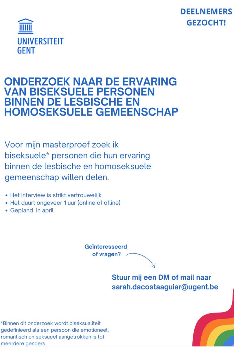 HELP MIJ AFSTUDEREN!!! 

ik ben nog op zoek naar een aantal BISEKSUELE (cis/trans) MANNEN voor mijn masterproef. 

DELEN = VEEL LIEFDE!!!
