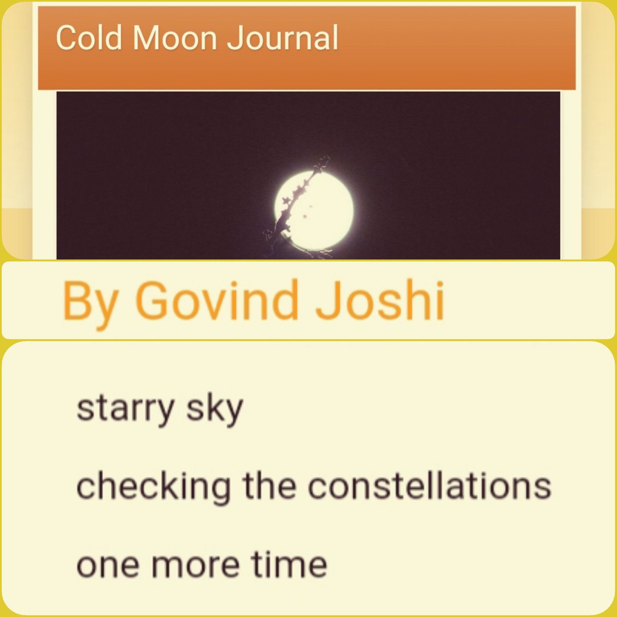 Gjoshi64's tweet photo. Many thanks Editor Robin Jacobson (@beach_haiku) for including my haiku in the Cold Moon Journal - March 2024.
https://t.co/lM1xQT9Bva
#ColdMoonJournal #StarrySky #Constellations #OneMoreTime
#Haiku #Senryu #ThePlumBlossoms https://t.co/NLpQ3EWqh3