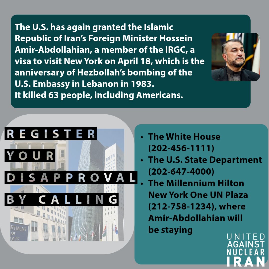 🚨مهم: برای بار دیگه، حسین امیرعبداللهیان—عضو سپاه تروریستی پاسداران—قراره به آمریکا سفر کنه. ما در @UANI از وزارت خارجه آمریکا فورا خواستار لغو ویزای او شده ایم. از طریق شماره های زیر، شما هم میتوانید نارضایتی تان رامسقیما به دولت آمریکا برسانید.