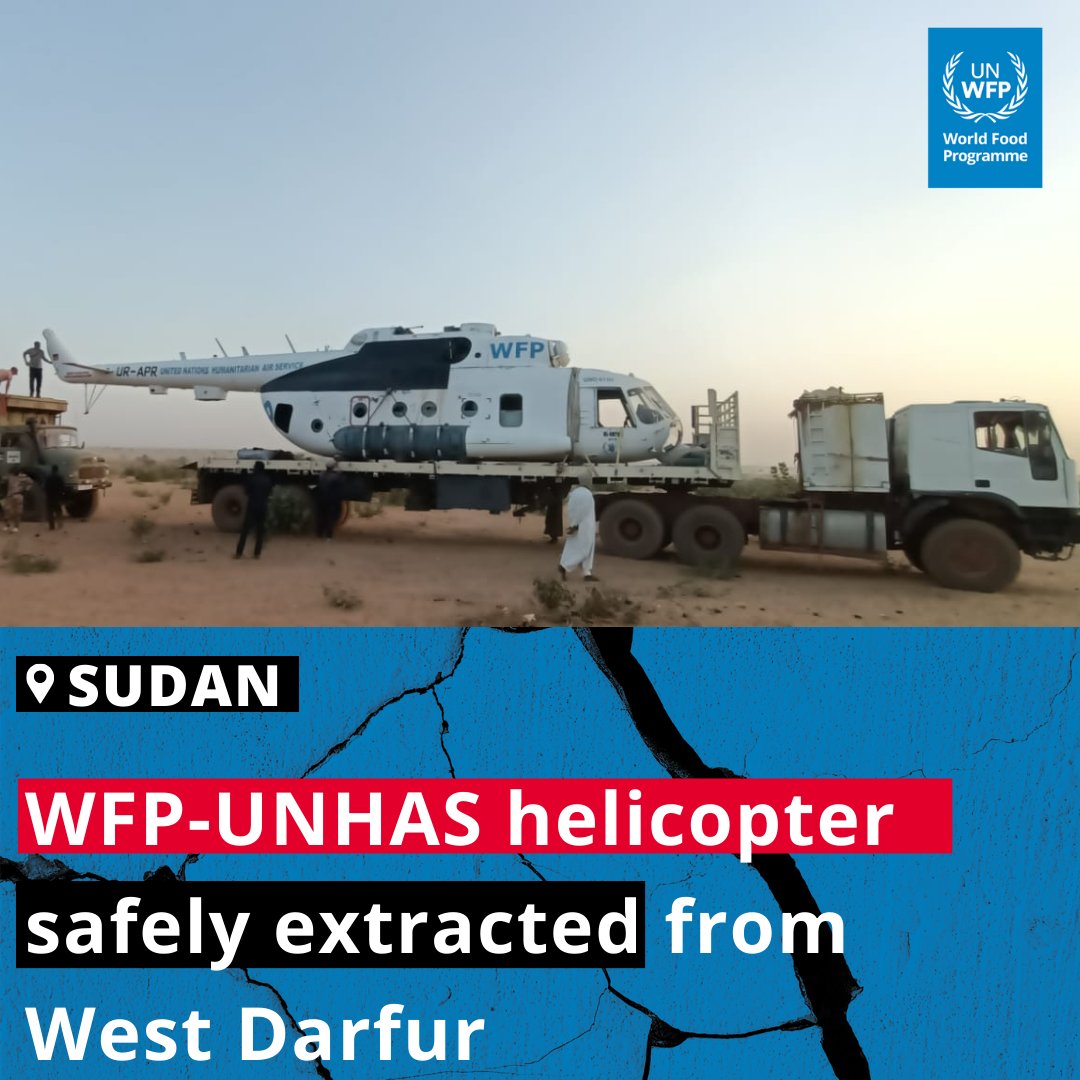 We confirm that recent videos posted online of a @WFP_UNHAS branded helicopter being moved by road from Geneina, West Darfur, was an authorized operation facilitated by local authorities in coordination with @WFP The helicopter has been now reached a secure location in Chad📸👇