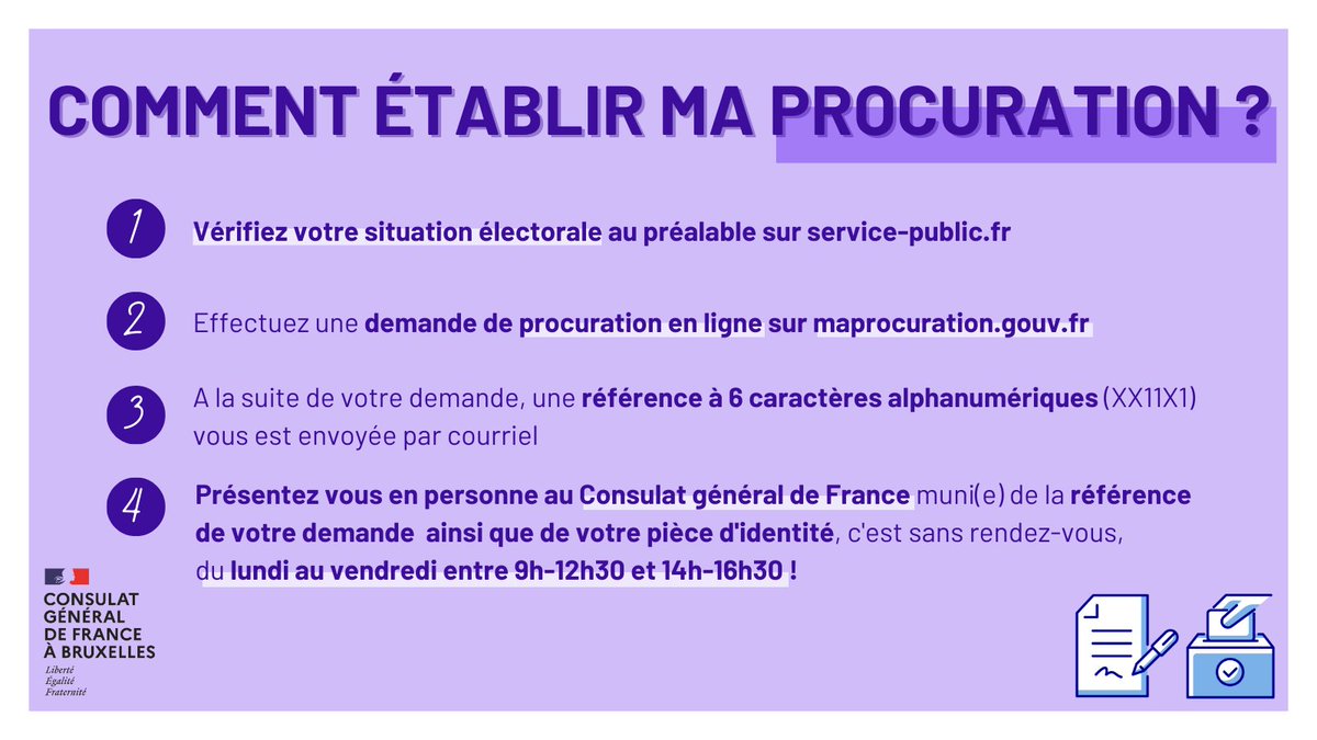 📣 Les procurations, c’est maintenant et sans rendez-vous au Consulat général ! Rendez-vous sur notre site internet pour plus d'information ➡️ bruxelles.consulfrance.org/Vote-par-procu… @FR_Consulaire