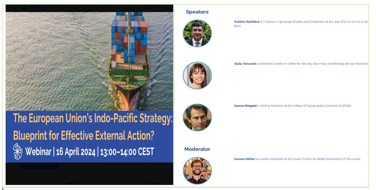 Event Alert: Tue 16 April, 4:30 PM (IST) Will be speaking in a webinar “The European Union's Indo-Pacific Strategy: A Blueprint for Effective External Action?” @sisjnu_official For Registration engage-eu.eu/events/theeuro…