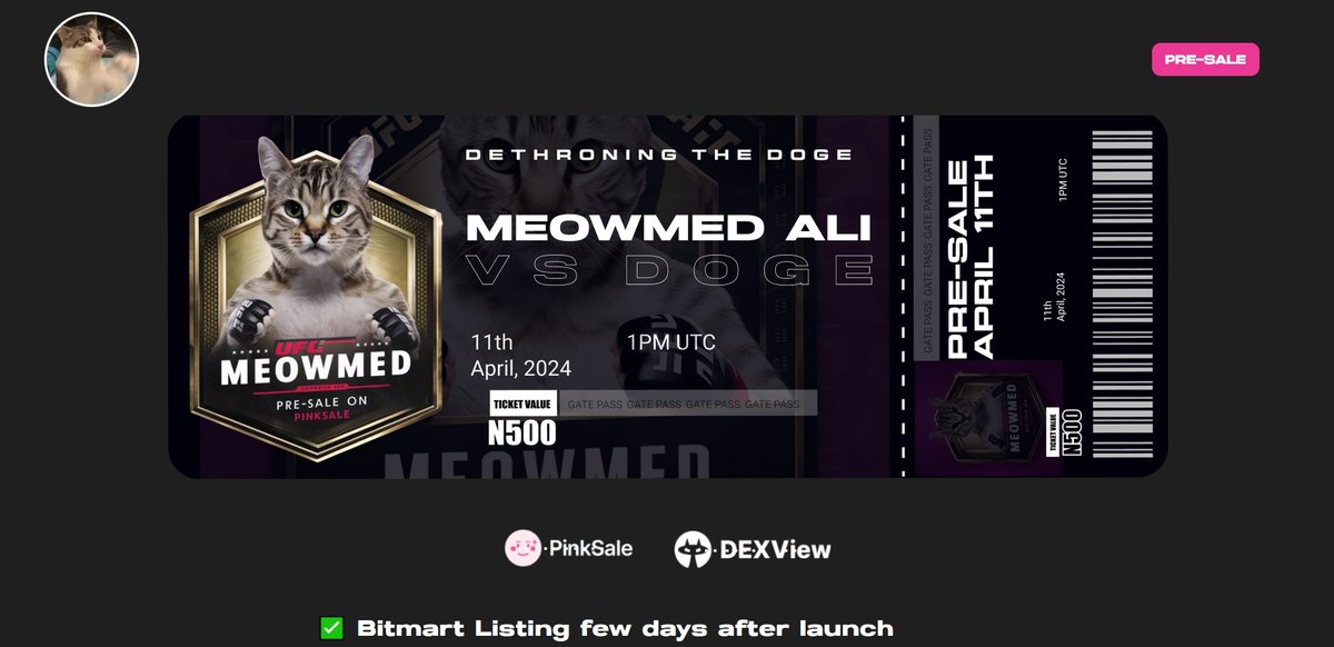 From all of us here at #Pinksale, we'd like to extend a warm welcome to the Meowmed Ali team. 👌Pinksale continues to dominate the #DeFi #Launchpad industry because we listen to what you, our community wants. 🚀 Check them out below: pinksale.finance/solana/launchp… #SOL #BNB #BTC