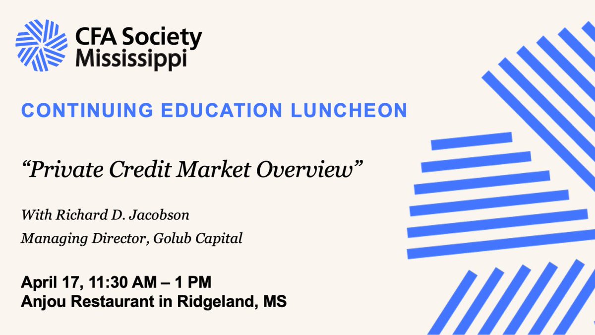 Join us next week (April 17) for this great networking and informative luncheon event! Free for Mississippi Society members, <a href="/CFAProgram/">CFA Program</a> candidates, and students! Registration is required, so click to save your seat today: lnkd.in/eCqWgDf8
