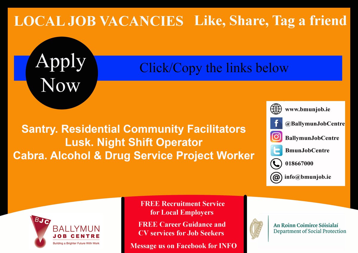👉 Visit us at: Bmunjob.ie

Vacancies #bmunjob #jobfairy #dublinjobS
Santry. Residential Community Facilitators
is.gd/Hp5b8V
Lusk. Night Shift Operator
applegreen-stores.rezoomo.com/job/63962/
Cabra. Alcohol & Drug Service Project Worker
is.gd/V9vI3l