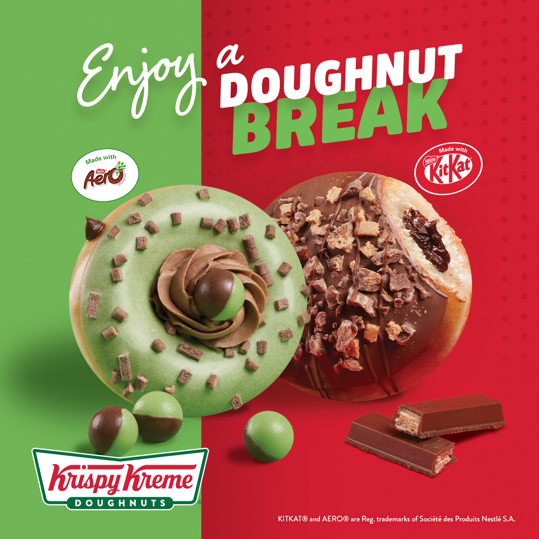 Enjoy a little treat this April with Krispy Kreme Doughnuts new range in partnership with KITKAT & AERO - two new flavours that will make anyone ‘mmmh’ with how delicious they are! - KitKat Krumbled - Aero Bubbly #doncaster #frenchgate #krispykreme