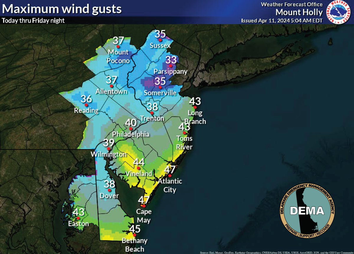 An overview of today's weather from @NWS_MountHolly Rain showers are on their way starting after 3:00 PM today. Prepare for the potential of heavy rains, thunderstorms, and strong winds tonight. Coastal flooding may also occur. Remember to stay safe!