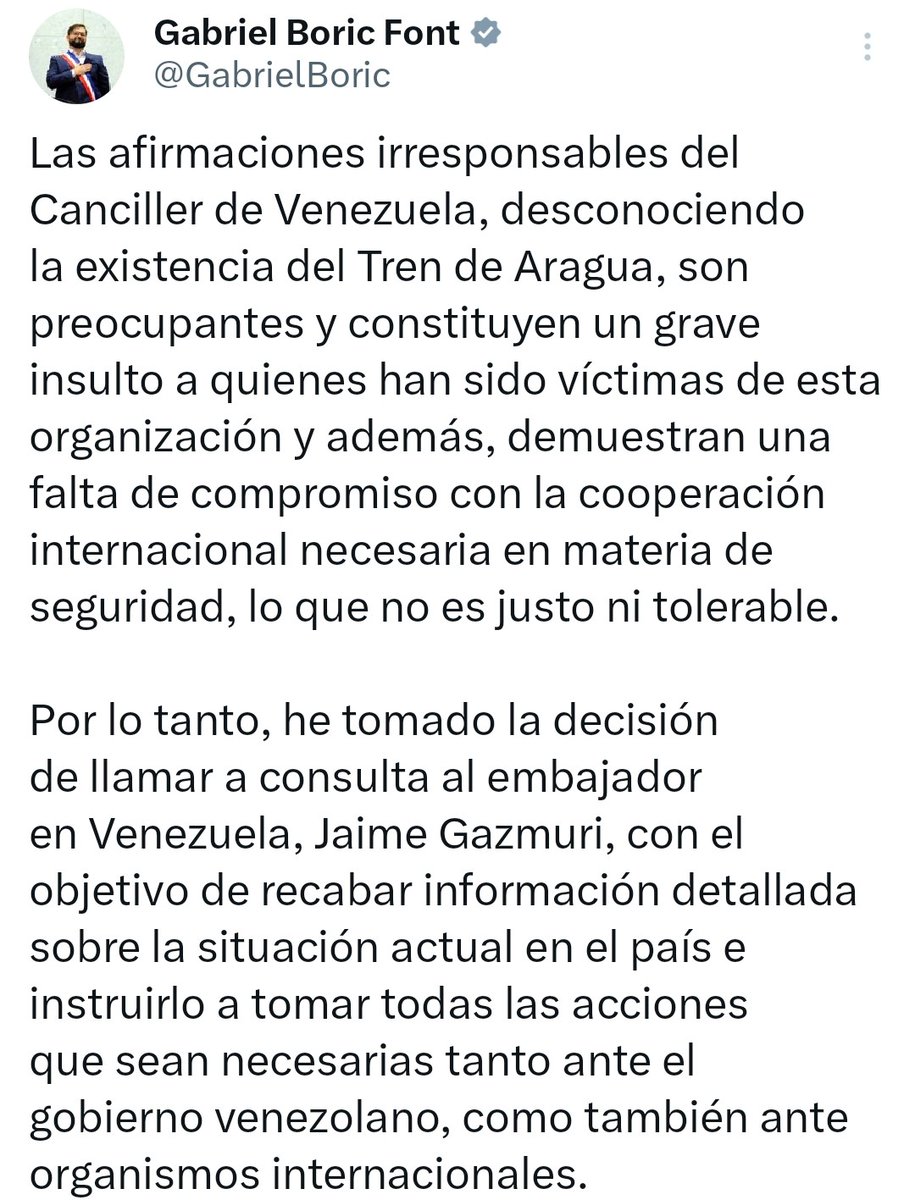En verdad sorprende la inmediata reacción del presidente Boric ante declaración del canciller de Venezuela sobre el Tren de Aragua, llamando a consulta al embajador chileno en Caracas. Sin embargo, frente a genocidio en Gaza por Israel, ha sido timorato, por no decir, cómplice