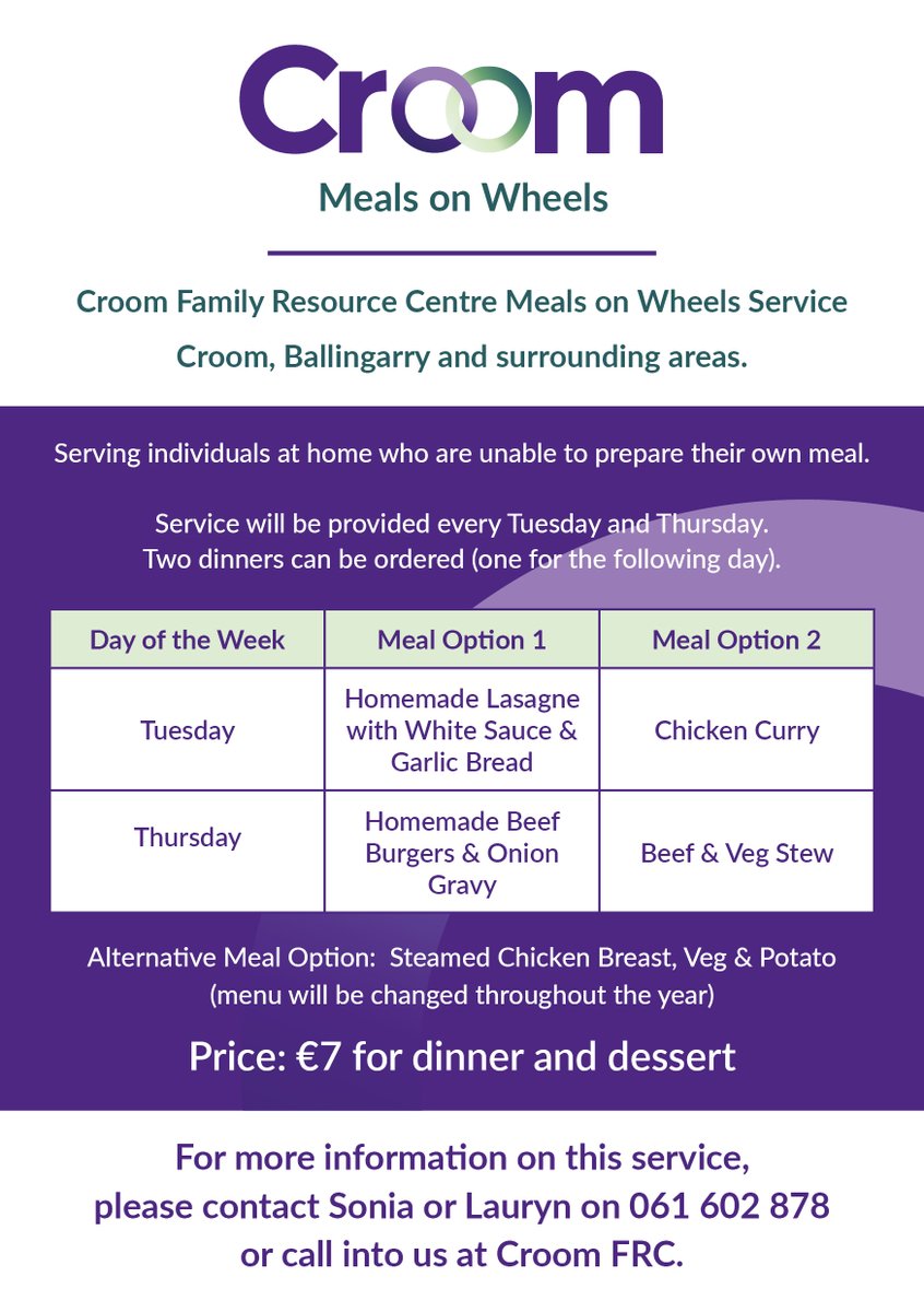 Well done to @Croom_FRC looking after the needs of their local community. Their meals on wheels service will be available from Monday 29th April 2024. Drop in to Lauryn in Croom Mills or call 061 602878 for more information @HealthyLimerick @frcnf @network_meals @paulpartnership