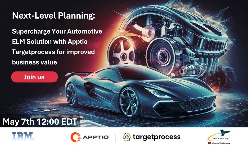 321Gang's tweet image. Interested in understanding the benefits of tying Apptio Targetprocess to IBM Engineering? bit.ly/webinar321may7 If you are investigating enterprise agile planning solutions or team workflow solutions, this event may be for you.
Register now!
@IBM #agileworkflow #IBM