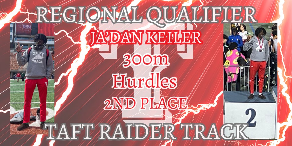Congratulations to @JaDanMKeiler for his 2nd place finish in the 300m Hurdles at the area meet!! Good luck at Regionals!!!! #RaiderSpeed #RaiderPride @taft_club @NISDTaft @NISDComArts @TaftRaider @NISD_Athletics