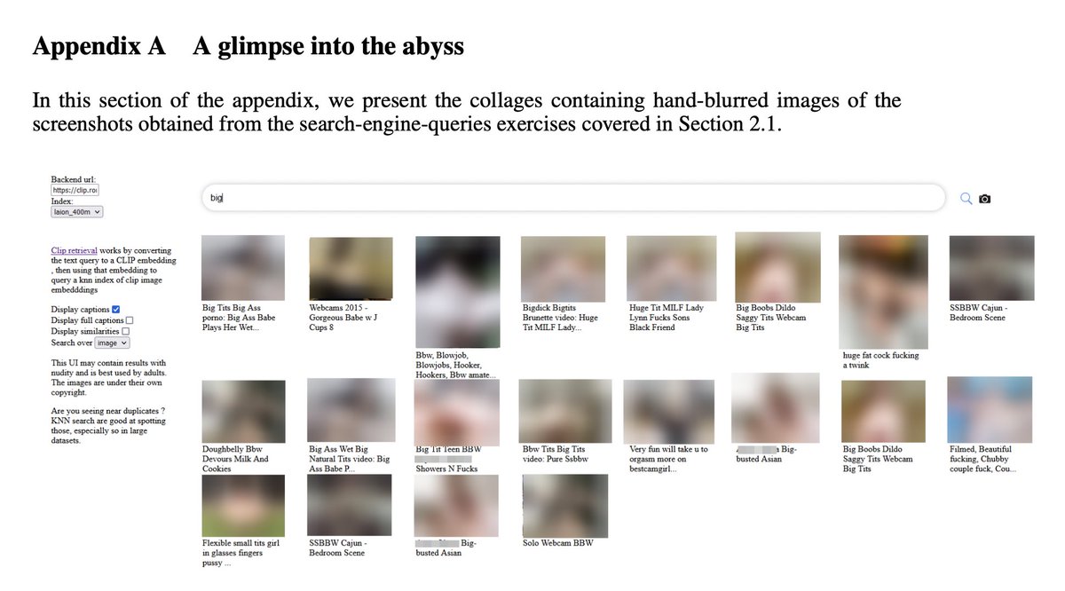 However, @Abebab @vinayprabhu had already shown this (and more) in 2021, simply by querying the search portal. Multimodal datasets: misogyny, pornography, and malignant stereotypes 📜 arxiv.org/abs/2110.01963 3/