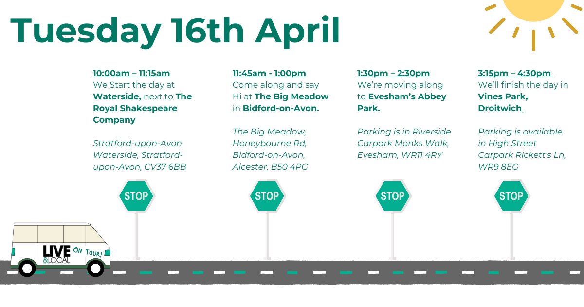 The countdown is finally over as tomorrow we head out on our first ever Live & Local roadshow adventure! Catch us as we travel through Warwickshire and Worcestershire to spread the word about the wonders of rural touring! Check out the full timeline for the day below 👇