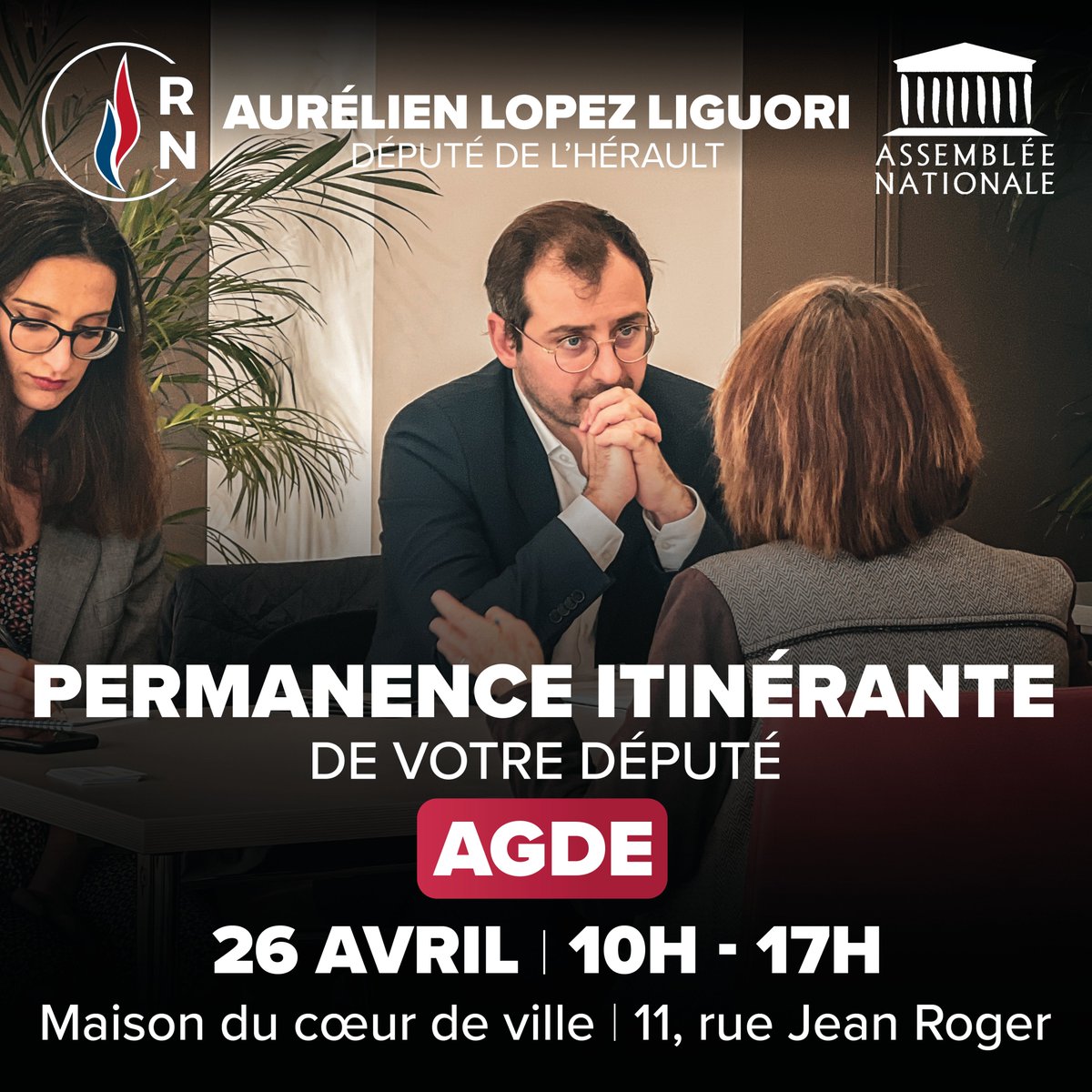 🔴 C'est dans moins d'une semaine ! 👉 Je serai vendredi 26 avril à #Agde de 10h à 17h (Maison du cœur de ville, 11 rue Jean Roger) pour recevoir vos doléances, avec ou sans RDV. Pour faciliter votre venue, remplissez ce formulaire ⬇️ bit.ly/4aFAsR7