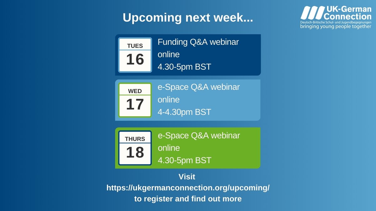 Next week we are hosting Q&A webinars about our funding offers and bilateral virtual exchange, e-Space! Register via links below: - Tuesday, 16 April: funding Q&A webinar ukgermanconnection.org/pp/funding/ - Wednesday, 17 + Thursday, 18 April: e-Space Q&A webinar ukgermanconnection.org/pp/partnership…