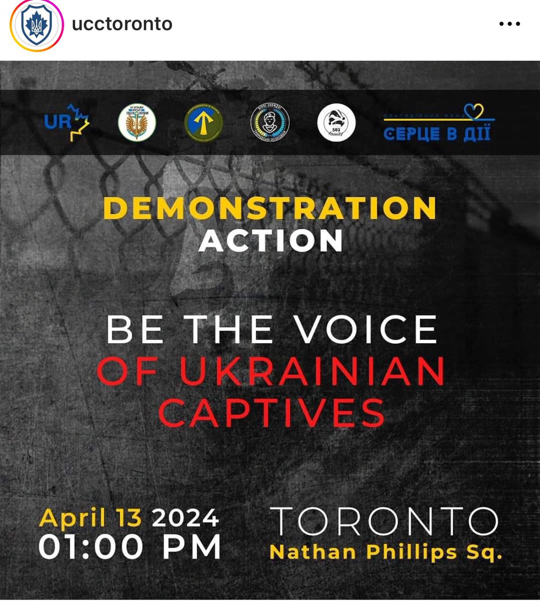 Hello, Toronto 🇨🇦 I ask you to join me in a meeting that will occur on April 13 (Saturday) in support of Ukrainian captives that still remain in russian prisons. In 2023, there were 28,000 captives, among them - 14,000 were civilians. In reality, these numbers are higher.