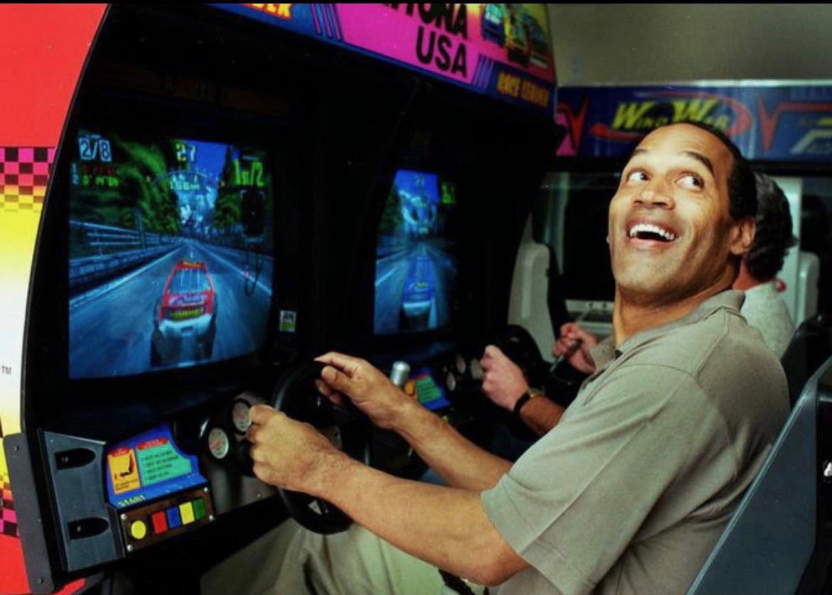 OJ Simpson racing SEGA's Daytona USA (1995)