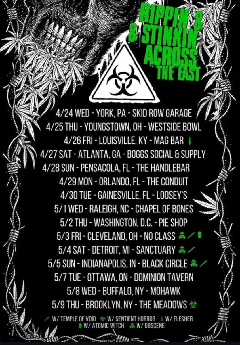 Starting on April 24th, Tombstoner will bring their rotting, stinking, and ripping 'Fuckin' Nasty' tour to the East Coast 💀 With guests such as Temple of Void, Flesher, Atomic Witch, and more! 🧟‍♂️☣️ #tombstoner #fuckinnastytour #redefiningdarkness #metaltwitter
