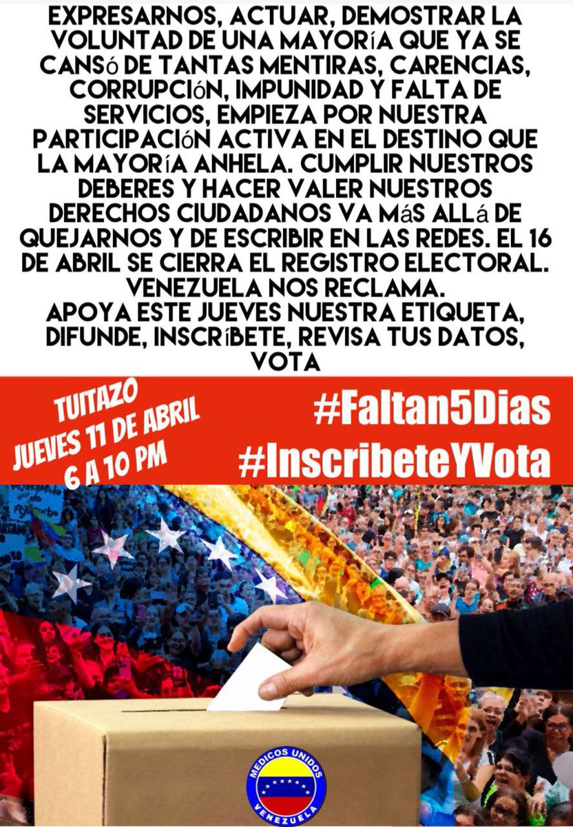 MUVvargas's tweet photo. Que quede claro, la ruta sigue siendo electoral. Quedan tan solo 5 días para que el CNE cierre el corto período que estipuló para las inscripciones en el Registro Electoral, es decir el 16 de abril. Si aún no te has inscrito, no te has mudado*#InscribeteYVota* https://t.co/VQbzSbNOvA